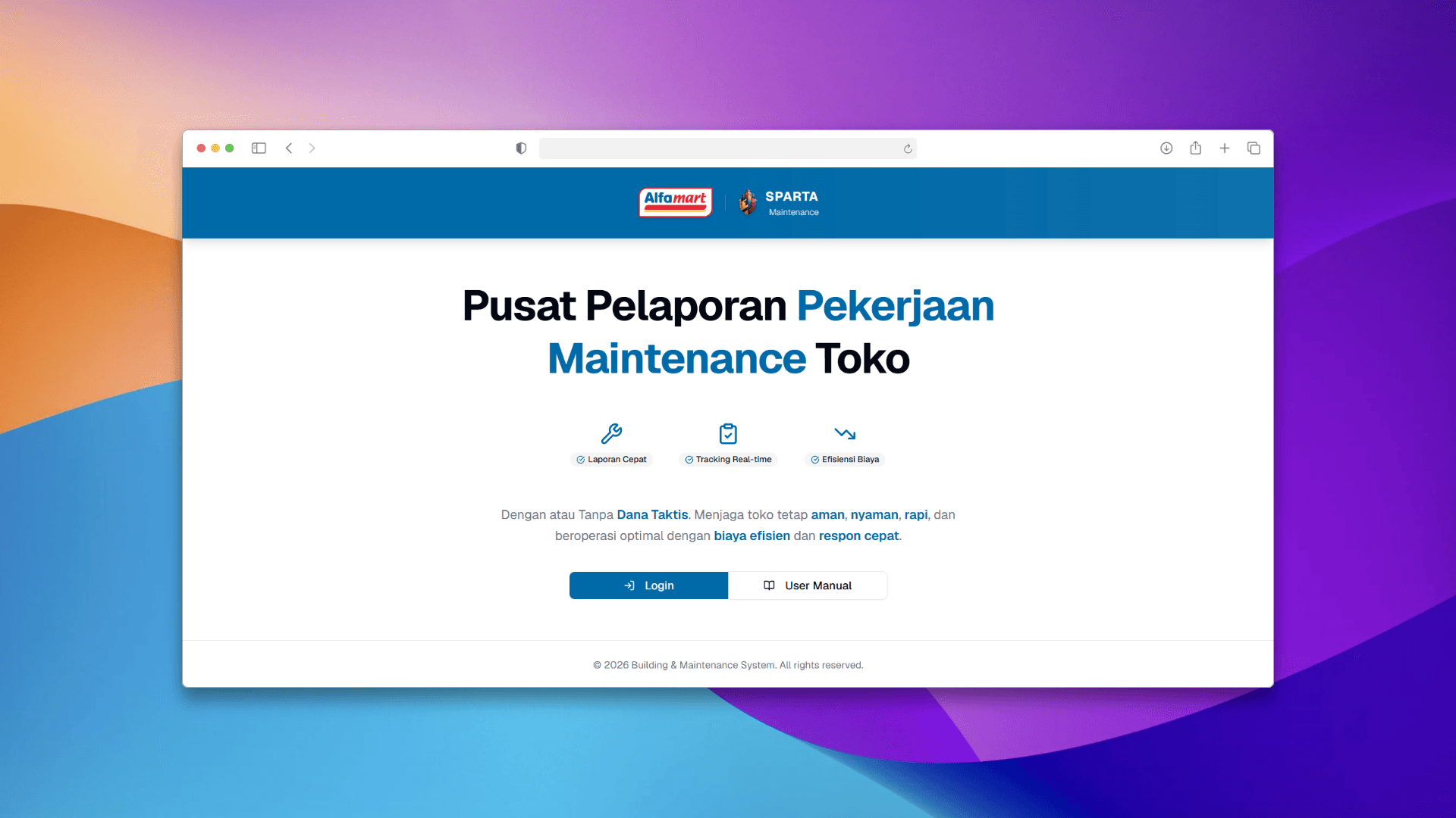 Dashboard internal maintenance untuk laporan, approval, checklist preventif, biaya, dan arsip dokumen